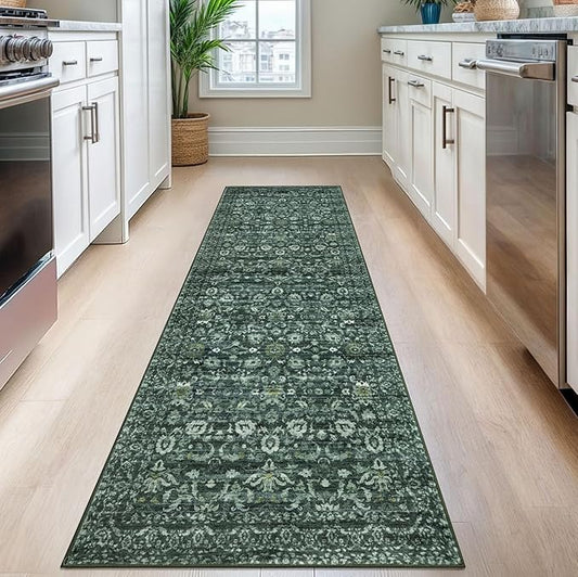 Vintage Floral 2.6x8 Runner Rug, Dark Green Washable Kitchen Runner Rug Non-Slip Hallway Rug Runner Boho Thin Printed Faux Wool Super Soft Carpet for Entryway Bedroom Laundry Room Indoor