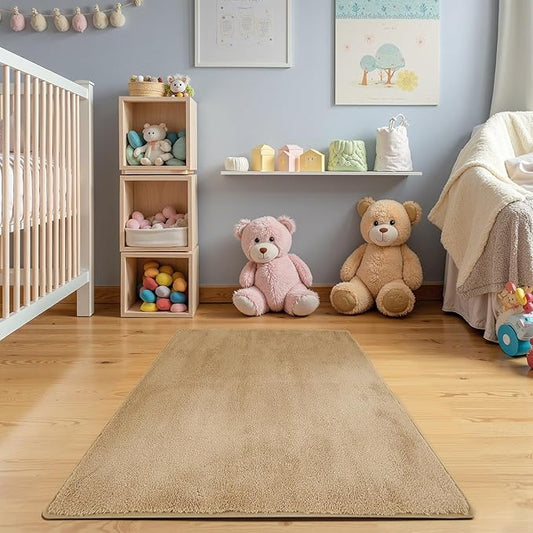 jinchan Solid Plush Area Rug 3x5 Performance Shaggy Washable Rug Indoor Soft Modern Faux Wool Cozy Non Slip Carpet for Living Room Kids Room Bedroom Dining Room Nursery Tan