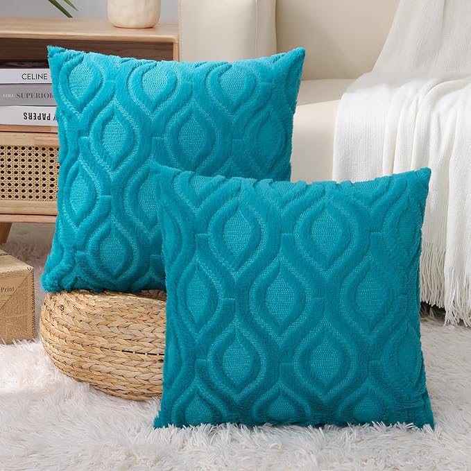 decorUhome Spring Euro Sham Throw Pillow Covers 24x24 Inch Set of 2, Soft Plush Faux Wool Teal Solid Couch Pillow Covers, Accent Farmhouse Neutral Square Pillow Cases for Sofa Bed Living Room