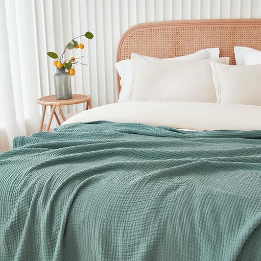 EMME Cotton Muslin King Blanket Big Oversized Bed Layering Bedspread Coverlet Breathable Gauze Soft Lightweight Blankets (Teal, 120"x94")
