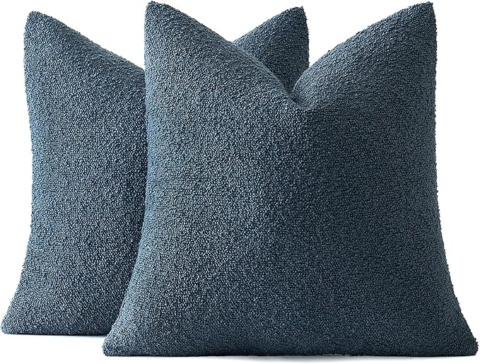 MIULEE 24x24 Decorative Euro Sham Throw Pillows for Bed Set of 2 Textured Boucle Neutral Winter Throw Pillow Covers Dark Blue Accent Solid Couch Pillowcases Sofa Livingroom Home Decor