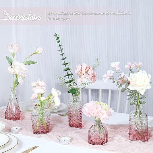 Pink Day Glass Bud Vase Set of 5, Small Flower Vases for Centerpieces in Bulk, Mini Vintage Vase for Wedding Decor, Single Flowers, and Home Table Décor