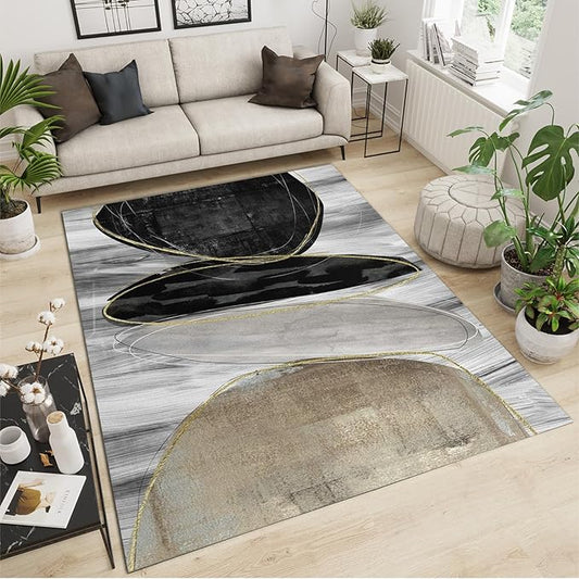 Nordic Light Luxury Gray Pebbles Gold Line Area Rug, Mid-Century Abstract Black Brown Circle Outdoor Carpe, Machine Washable Breathable Durable Carpet for Front Entrance Floor Decor,2 x 3ft