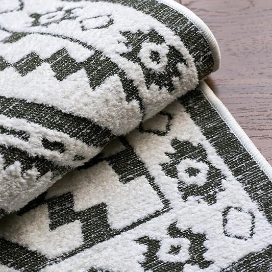 Moroccan Washable Entryway Rug 2x3, Geometric Woven Area Rug, Non-Slip Boho Accent Soft Low-Pile Front Door Mat Indoor Entrance, Small Throw Rug for Bathroom Front Porch, Olive Green/White