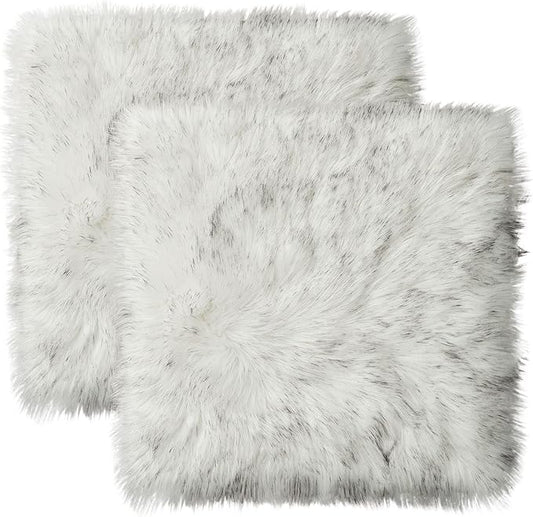 Softlife White Faux Fur Sheepskin Chair Cover 2 PCs Seat Cushion Pad Super Soft Area Rugs for Living Bedroom Sofa Dorm (1.6ft x 1.6ft, White-Grey Tip)