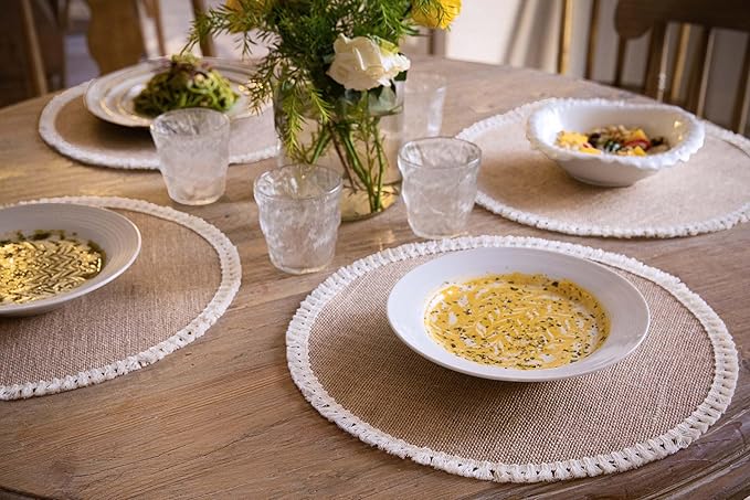 FunWheat 15 Inch Round Jute Placemats Set of 12, Braided Burlap Table Mats for Dining Table, Heat Resistant Farmhouse Woven Placemats for Fall Farmhouse Decor (Short Tassels)