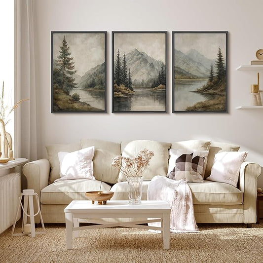 MUDECOR Framed Wall Art Print Set Mountain Landscape Nature with Trees, Lake, and Mountains, Rustic Illustrations Modern Art Decorative Colorful for Living Room, Bedroom, Office - 24"x36"x3 Black