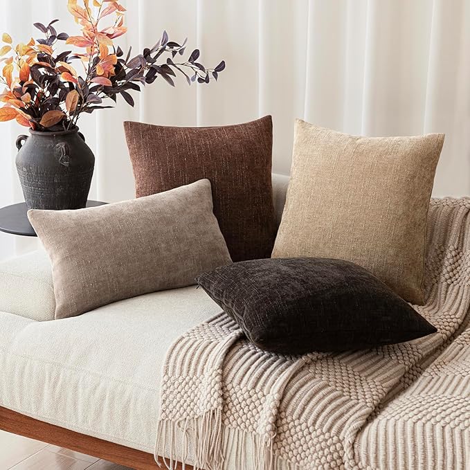 Foindtower Pack of 2 Soft Textured Chenille Throw Decorative Pillow Covers Square Accent Solid Cushion Cover Cozy Neutral Farmhouse Pillow Case for Couch Sofa Bedroom Living Room 24x24 Inch,Red Brown