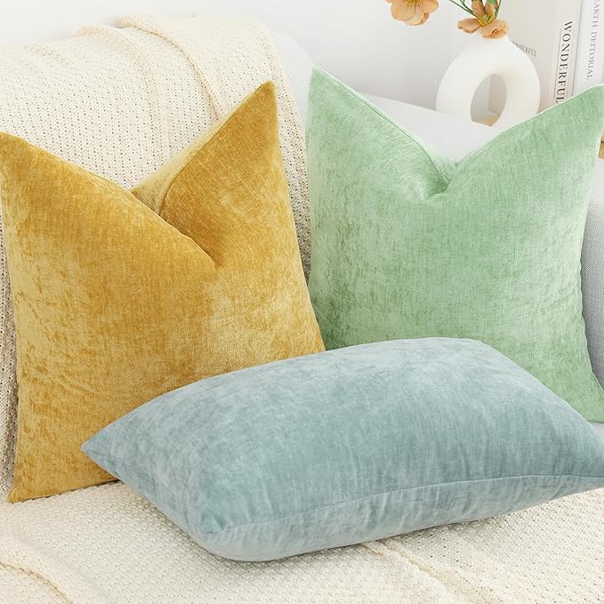decorUhome Chenille Mineral Yellow Spring Throw Pillow Covers 12x20 Inch Set of 2, Decorative Soft Couch Pillow Covers Solid Dyed Accent Farmhouse Neutral Rectangle Pillow Cases for Sofa