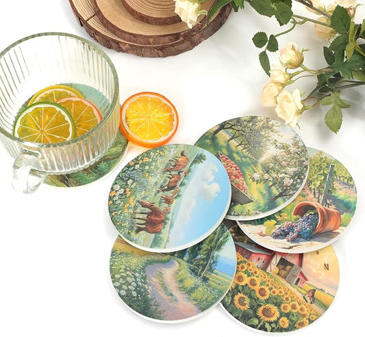 Ceramic Coasters Set of 6 with Holder, Farmhouse Style, Absorbent Drink Coaster Set for Home Decor, Cups, Mugs and Glasses (Golden Farm Scene)