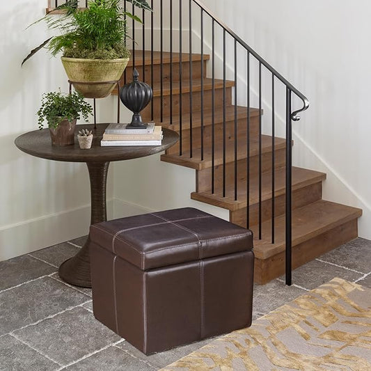Adeco Faux Leather Cube Storage Ottoman, Brown Ottomans for Living Room, Bedroom