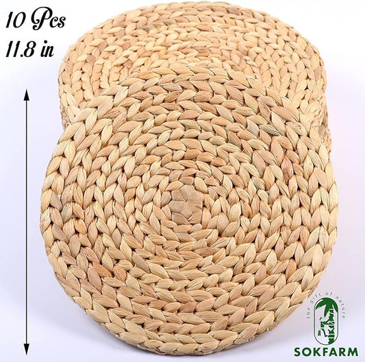 Woven Placemats Set of 10, Table Mats Set of 10, Water Hyacinth Round Placemats for Round Table, Chargers for Dinner Plates, Wicker Chargers for Dinner Plates, Woven Placemat, Place Mats 11.8 in
