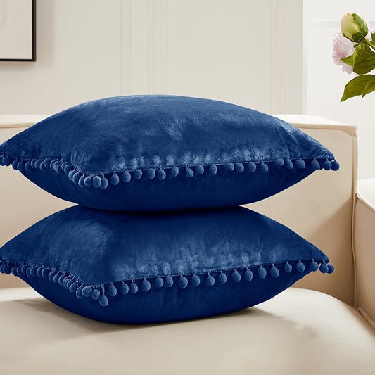 Deconovo Velvet Throw Pillow Covers, Set of 2, 20” x 20” Navy, Square Pom-poms Soft with Invisible Zipper Cover for Sofa Couch Car
