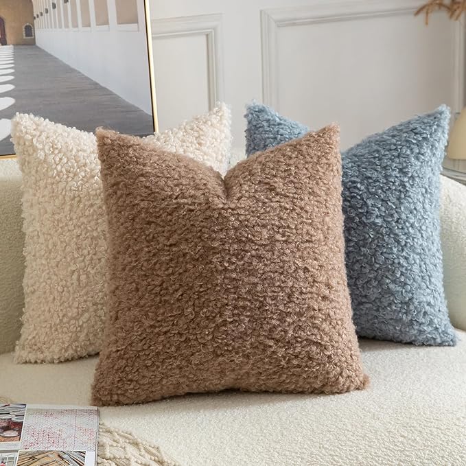 Yaertun Pack of 2 Faux Fur Throw Pillow Covers Decorative Sherpa Boucle Pillow Covers Fuzzy Soft Pillowcases Sheepskin Fleece Cushion Case for Couch Sofa Bed Living Room 16x16 Inch Khaki