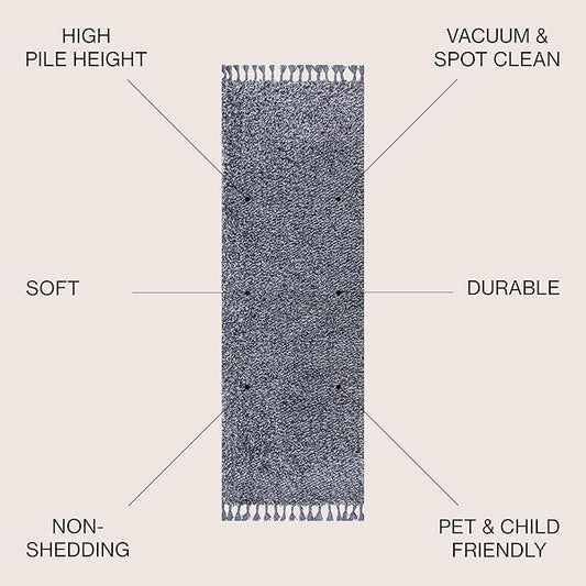 JONATHAN Y Mercer Shag Plush Tassel Denim Blue Runner Rug, 2x8, Contemporary, Modern, Easy-Cleaning for Living Room, Bedroom, Kitchen, Pet Friendly, Non-Shedding (MCR100C-28)