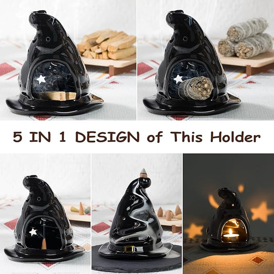 ZenBless 4 in 1 Witchcraft Supplies Ceramic Incense Holder Burner for Palo Santo, Sage, Candle and Backflow Waterfall with Free Backflow Incense Cones,Wiccan Altar Tools(tarot divination)