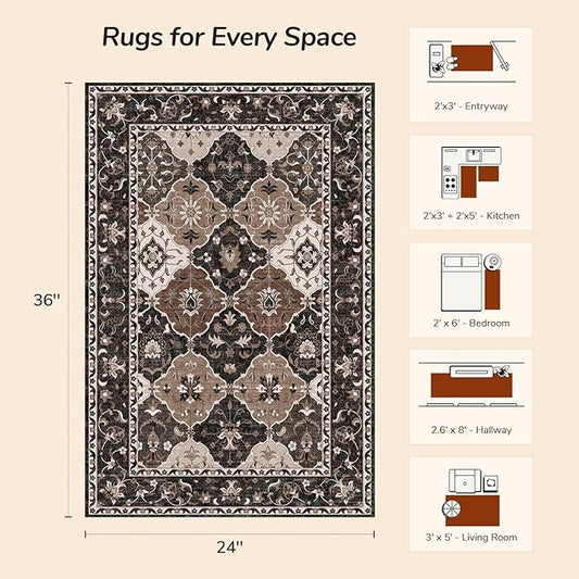 Lessymo Moroccan Washable Rugs for Entryway, Faux Wool 2x3 Small Area Rug for Kitchen Bathroom Corridor - Non-Slip Indoor Door Mat Low Plie Stain Resistant Boho Runner Rug, Taupe and Beige