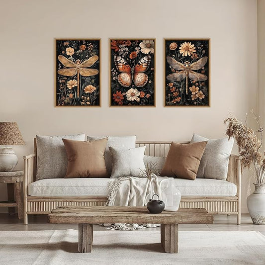 Large Vintage Butterfly and Dragonfly Wall Decor Framed Canvas Wall Art,Retro Dark Animal Floral Wall Decor, Moody Insect Wildflowers Botanical Artwork for Living Room,Bedroom,office-24 x36 x3