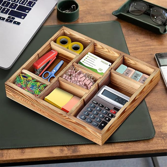 Desk Drawer Organizer Tray with 9 Adjustable Compartments, Wooden Office Desk Accessories Supplies Organization Storage for Desktop Bathroom Vanity Makeup 12" x 9" (Brown)