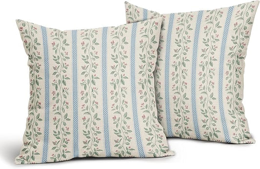 Vintage Floral Pillow Covers 20x20 Set of 2 Striped Boho Decor Blue Green Pillowcases Summer Printed Grand Millenial Throw Pillow Covers with Zipper Soft Cozy for Sofa Bed Chair Home Decoration