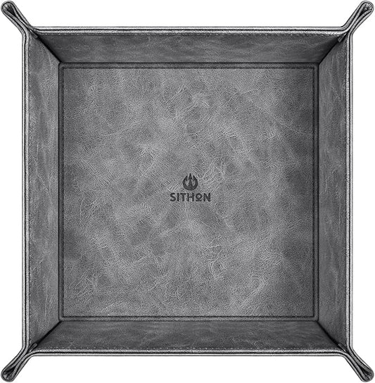 SITHON Valet Tray Desktop Storage Organizer – Premium PU Leather Catchall Bedside Vanity Tray Nightstand Caddy Holder for Remote Controller, Keys, Phone, Wallet, Coin, Jewelry (Gray)