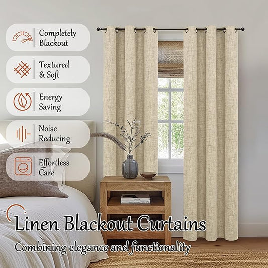 Lajode Linen Blackout Curtains for Living Room Narrow Window, Thermal Insulated Complete Light Blocking Soundproof Small Curtains for Bedroom, Each 38 Inch Wide 80 Inch Length 2 Panels, Burlap