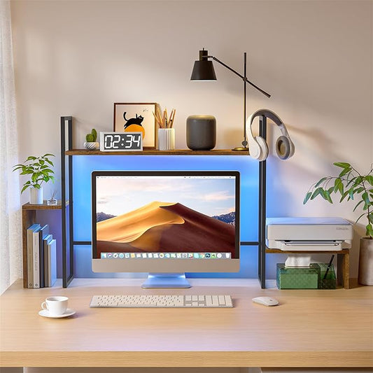 WelFurGeer LED Desk Shelf Organizer with RGB Light Strip, 2-Tier Desktop Shelf for Computer Monitor, Sturdy Metal Frame & Wood Shelves - Desk Hutch Bookshelf for Home Office, Dorm, Gaming (Brown)
