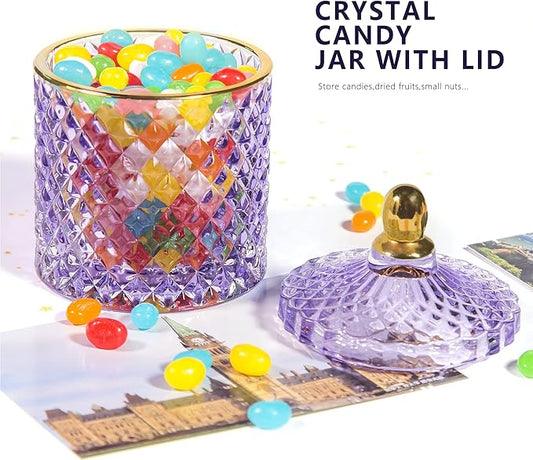 Glass Jewelry Box Purple Trinket Dish Crystal Candy Jars with Lids Candy Dishes Decorative Apothecary Jars Small Storage Bowl Unique Gifts for Women