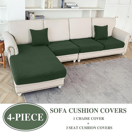 Couch Cushion Covers for Sectional Sofa L Shape Washable Separate Seat Chaise Couch Cover Stretch Sofa Slipcovers with 2 Pcs Pillowcases(3 Seater + 1 Chaise, Green)