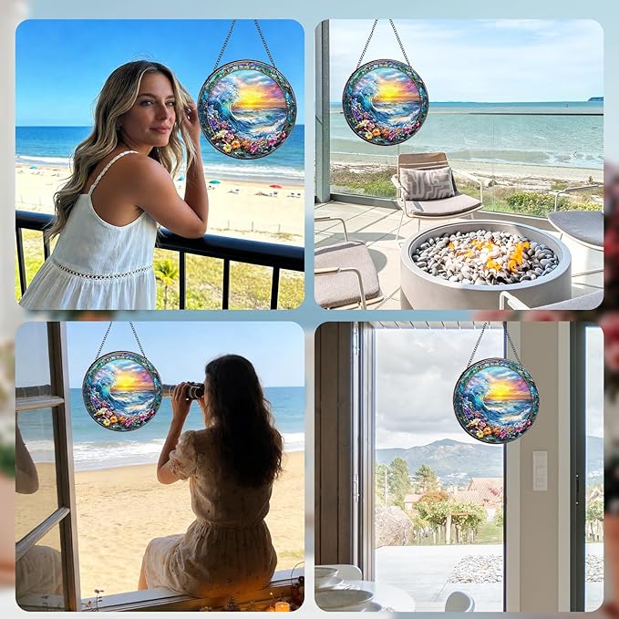 Rngmsi Stained Glass Window Hanging, 7.8″ Clouds and Sea Waves Sun Catchers with Hook Indoor Window Decor, Decorative Suncatchers Hanging Ornaments Home Garden Art Gift for Housewarming