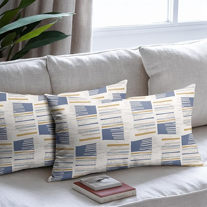 Trongr Blue & Yellow Striped Lumbar Pillow Covers 12x20 – Set of 2 Boho Farmhouse Throw Cushion Covers with Zipper