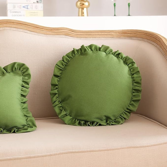 ISAENNE Classic Green Round Throw Pillow Cover Diameter 16", Solid Color Cottage Linen Cotton Decoration Pillow Cover with Ruffles, Sturdy Throw Pillow Case for Couch Sofa Bed Living Room