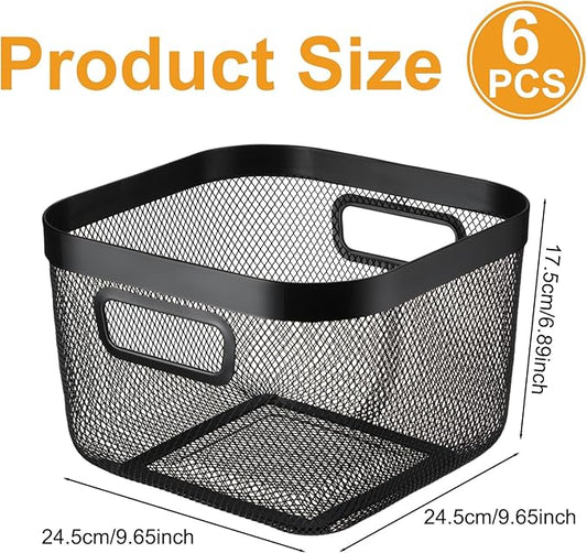 6 Pack Metal Mesh Basket with Hollow Handles Black Wire Storage Bin for Organizing Stackable Metal Fine Mesh Basket for Pantry Bathroom Kitchen Cabinets Shelves