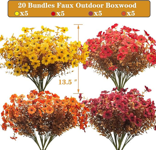 20 Bundles UV Resistant Artificial Fall Flowers for Outdoor - No Maintenance Thanksgiving Decor with Orange Blooms, Faux Silk & Plastic Plants for Porch, Yard (Fall Coffee Mix)