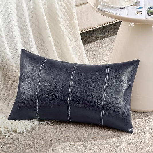 Fancy Homi 2 Packs Navy Blue Lumbar Waterproof Faux Leather Decorative Throw Pillow Covers 12x20 Inch for Outdoor Couch Bed, Modern Farmhouse Boho Home Decor, Blue Hand Stitched Cushion Case 30x50 cm