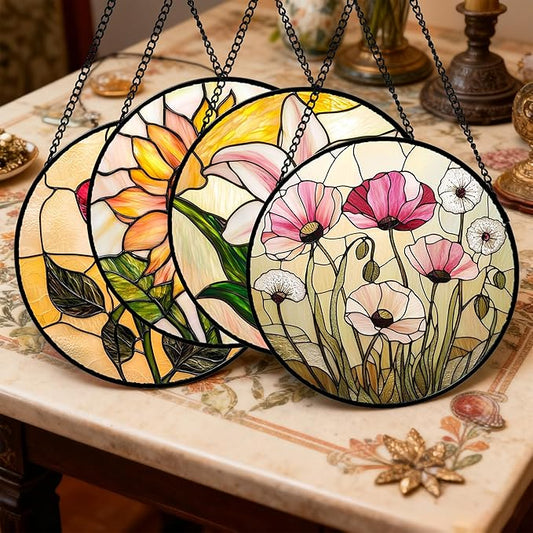 Stained Glass Window Hanging 4 Pcs Set Lily Rose Sunflower Poppy 6.3" - Flower Suncatcher Door Garden Sun Catcher Decor Birthday Mother's Day for Wife Woman Nana Girl