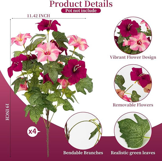 19 Inch Artificial Flowers for Outdoor Indoor Garden Home Decoration,Faux Flower for Home Office Garden Patio Balcony 4 Bundles (Rose red Pink)
