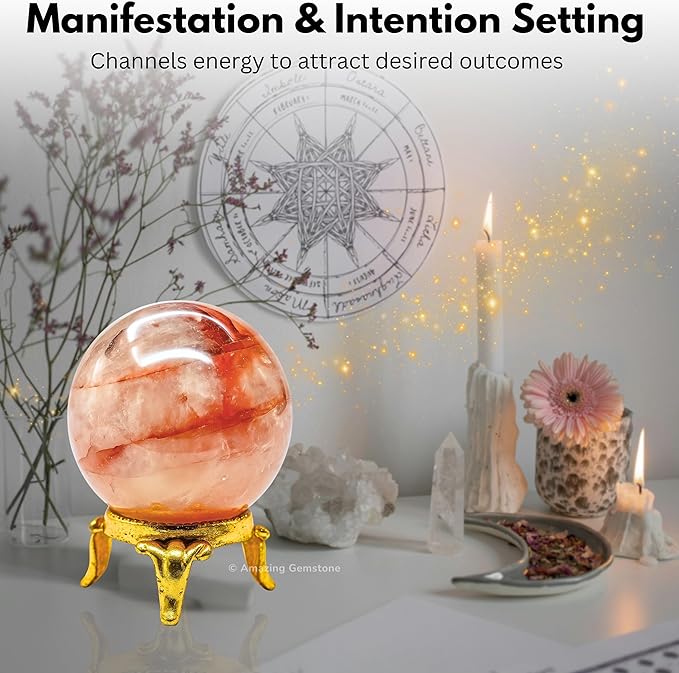 Amazing Gemstone Red Hematoid Quartz Crystal Ball with Stand - 1.5 Inches Crystal Sphere Meditation Balls for Witchcraft and Decorative Balls