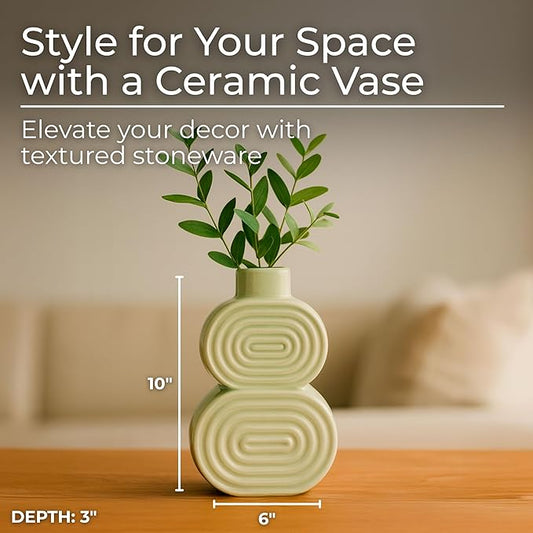 Sagebrook Home Boho Ceramic Vase - Textured Stoneware Decorative Accent for Home, Office, Bedroom & Living Room - Modern Minimalist Flower Holder - 10" Green