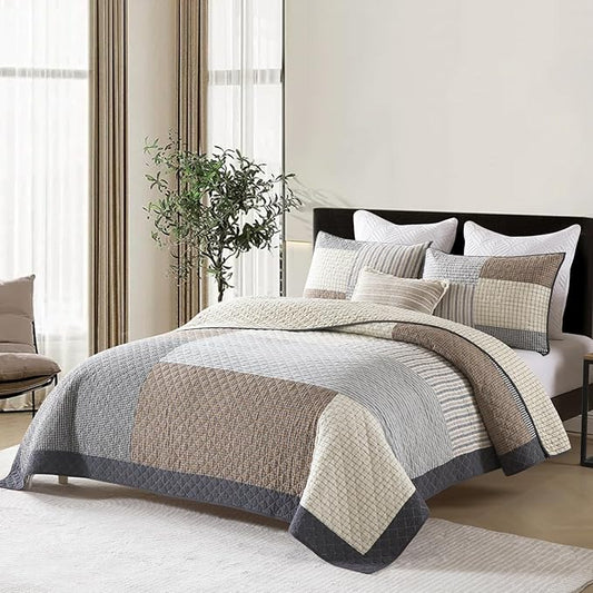 Quilts Queen Size - Queen Quilt Bedspread, 100% Cotton Patchwork Quilt Bedding Set for Queen Bed, 3 Pieces Plaid Farmhouse Reversible Rustic Lightweight Comforter Spread, Brown/Beige/Gray
