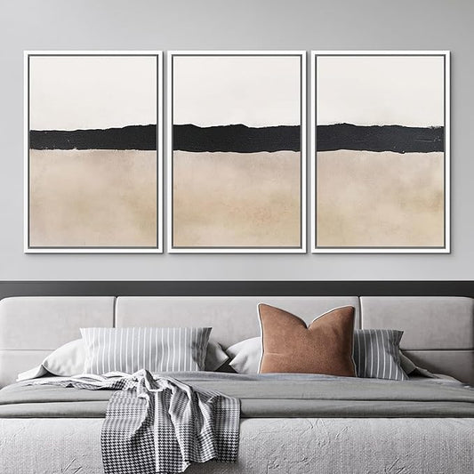 MUDECOR Framed Wall Art Print Set Minimalist Abstract Black Horizontal Brushstroke Illustrations Modern Art Boho Decorative Colorful Chic for Living Room, Bedroom, Office - 16"x24"x3 White