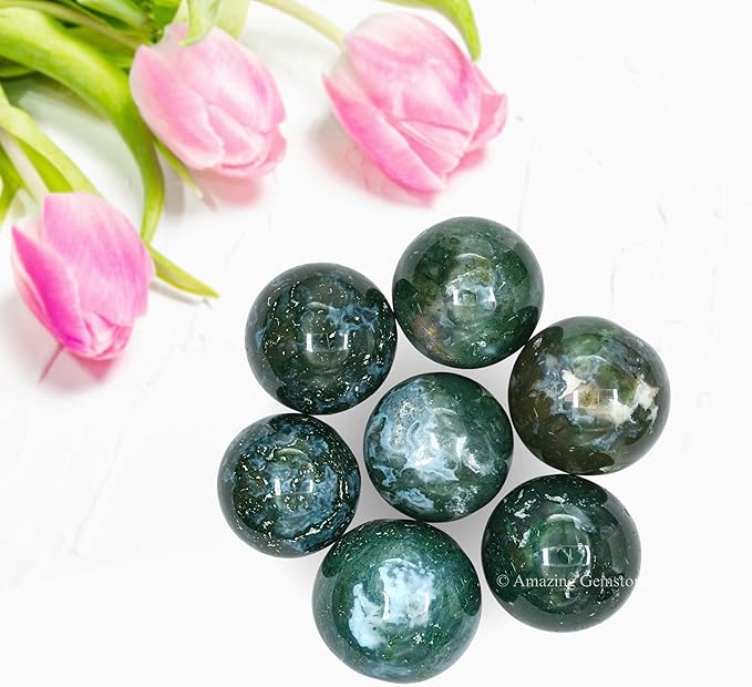 Amazing Gemstone Moss Agate Crystal Ball - 1" Inches Crystal Sphere Meditation Balls for Witchcraft and Decorative Balls - Crystals and Healing Stones Beginners Gift (Pack of 1)