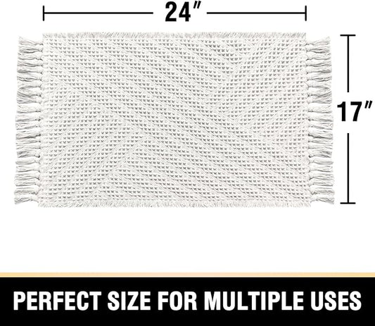 H.VERSAILTEX Waffle Bath Mat Super Absorbent Boho Bath Mat Non Slip Bath Rugs for Bathroom Floor Machine Washable Dry Fast Bathroom Rugs with Tassels, 17" x 24", Ivory White