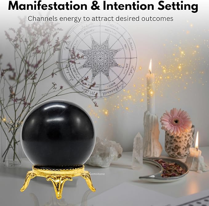 Amazing Gemstone Shungite Crystal Ball with Stand - 1.5 Inches Crystal Sphere Meditation Balls for Witchcraft and Decorative Balls
