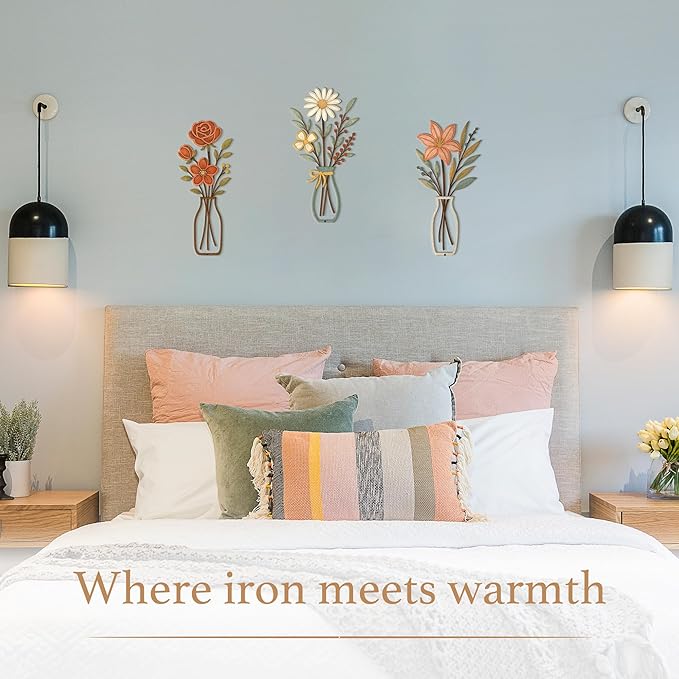 3 Piece Metal Flower Wall Art for Bedroom Living Room Rustic Farmhouse Floral Wall Decor for Bathroom Dining Room Boho Home Decorations Modern Minimalism Walls Hanging Sculptures