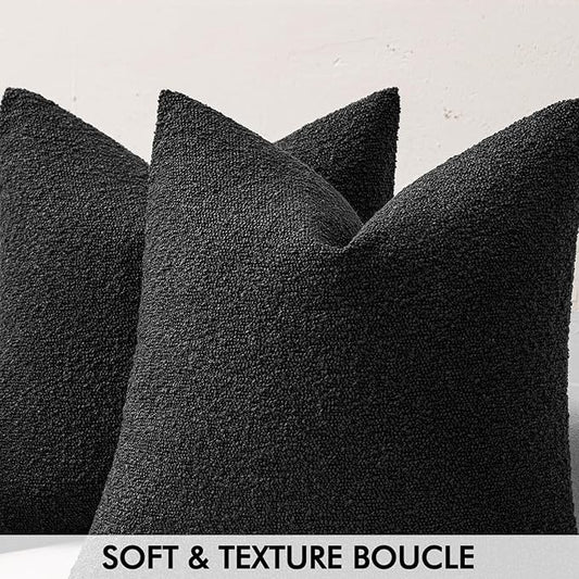 MIULEE 24x24 Decorative Euro Sham Throw Pillows for Bed Set of 2 Textured Boucle Neutral Winter Throw Pillow Covers Halloween Black Accent Solid Couch Pillowcases Sofa Livingroom Home Decor