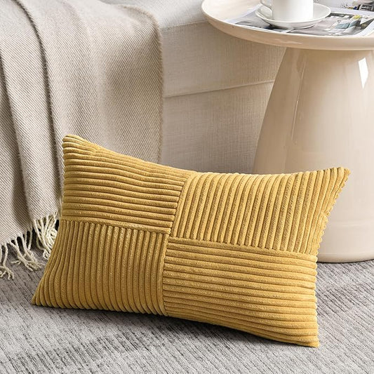 Fancy Homi 2 Packs Mustard Yellow Lumbar Decorative Throw Pillow Covers 16x28 Inch for Living Room Couch Bed, Rustic Farmhouse Boho Home Decor, Soft Striped Corduroy Rectangle Accent Cushion Case