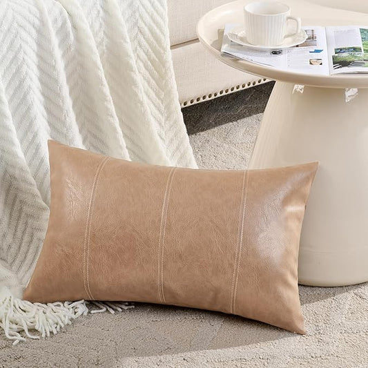 Fancy Homi 2 Packs Tan Long Lumbar Waterproof Faux Leather Decorative Throw Pillow Covers 14x20 Inch for Outdoor Couch Bed, Beige Hand Stitched Cushion Case 35x50 cm, Taupe Modern Farmhouse Home Decor