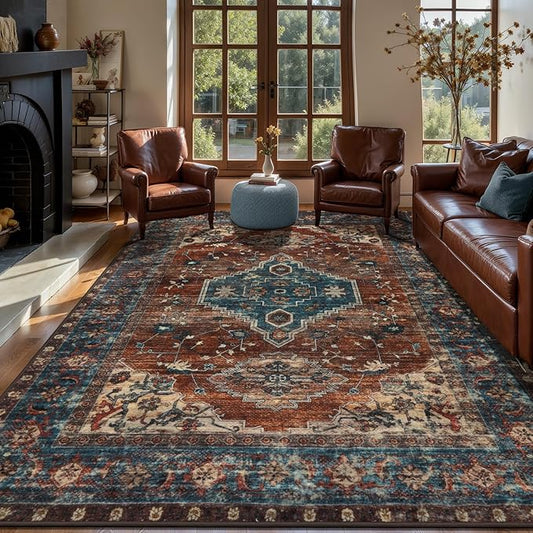Tangsoo 6x9 Area Rug Washable Rugs for Living Room, Oriental Indoor Non Slip Large Area Rugs, Vintage Print Carpet, Soft Low Pile Foldable Floor Rug for Bedroom Dining Room Dorm
