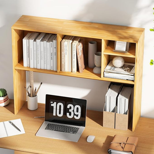 Desktop Bookshelf, 2-Tier Display Organizer Shelf Rack, Dorm Desk Hutch, Desk Shelf for Top of Desk, Multipurpose Wood Counter Top Bookcase for Office Home